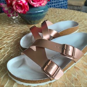 Birkenstocks Yao Metallic Copper Slide Sandals, US 10-10.5/Euro 41, Narrow Width